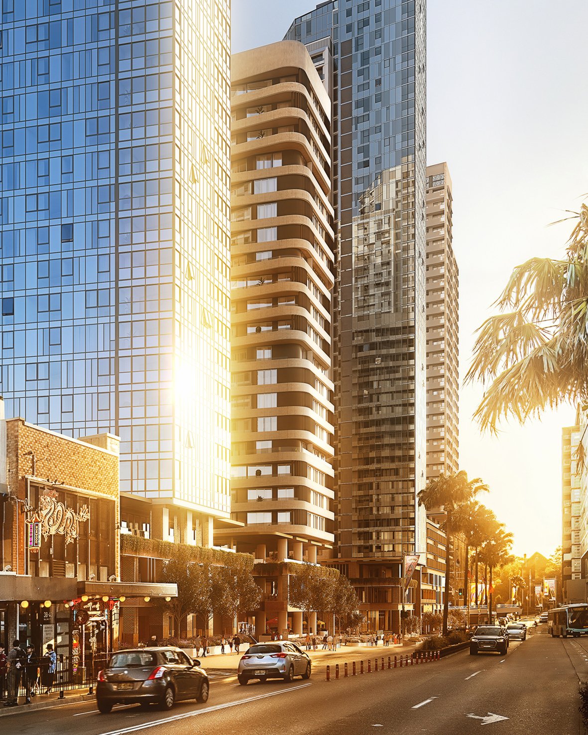 Street-level view of Burwood Place, highlighting the tower’s modern design, activated ground plane, and integration with Burwood’s urban streetscape.