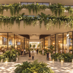 Arrival experience: A landscaped pedestrian arrival creates a welcoming entrance to East Village, integrating retail, dining and communal spaces within a subtropical setting.