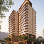 Novairé Albion’s proposed tower features a sculptural façade, projecting balconies and warm-toned materials, complemented by landscaped podium levels and extensive greenery.