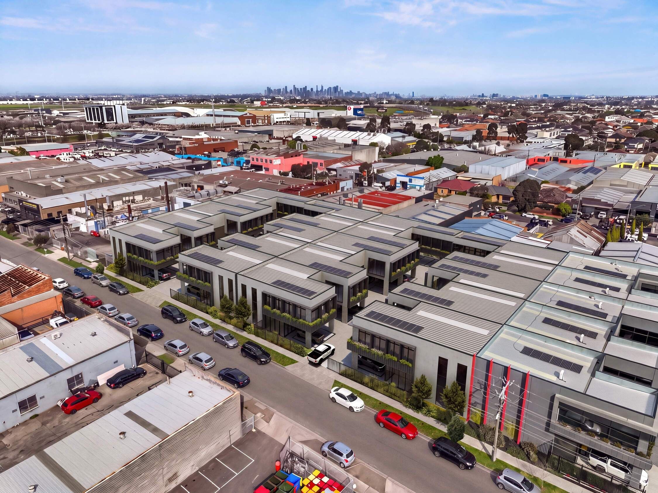 Aerial development overview: The 4,000sqm Airport West site will deliver approximately 3,200sqm of combined warehouse and office space across 20 units.
